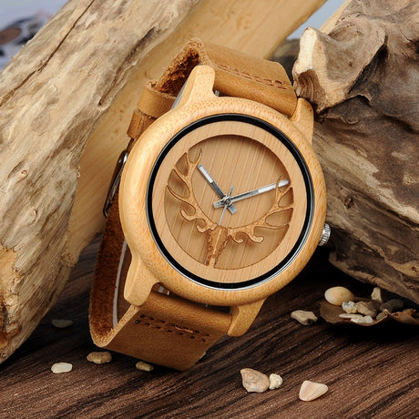 Deer Design Bamboo Wood Genuine Leather Unisex Watches - Dazpy