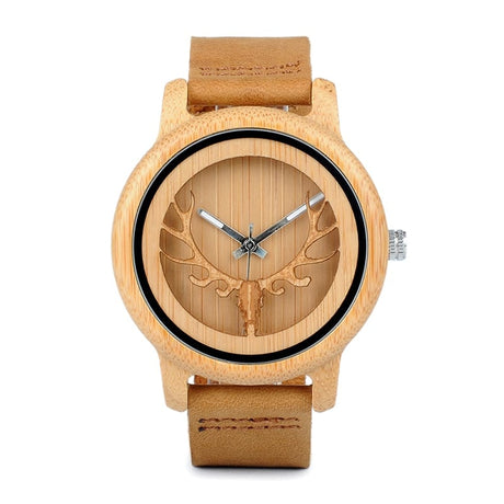 Deer Design Bamboo Wood Genuine Leather Unisex Watches - Dazpy