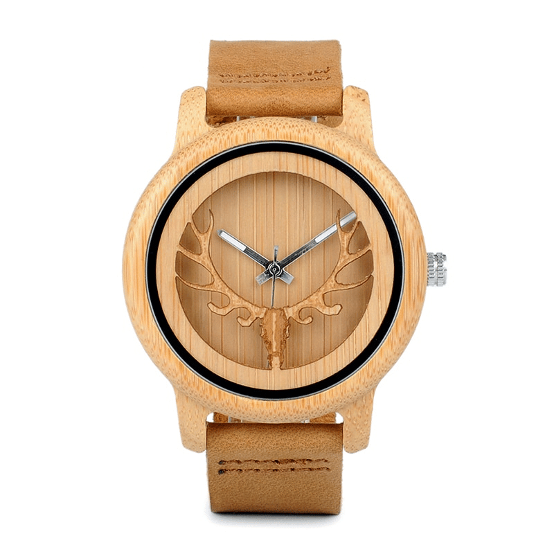 Deer Design Bamboo Wood Genuine Leather Unisex Watches - Dazpy