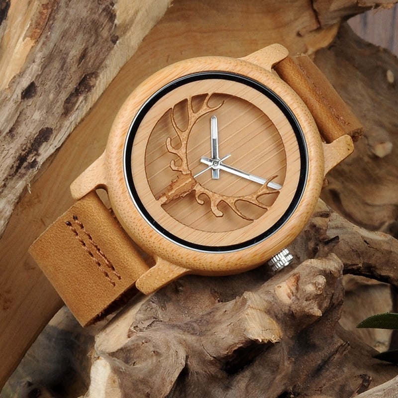 Deer Design Bamboo Wood Genuine Leather Unisex Watches - Dazpy