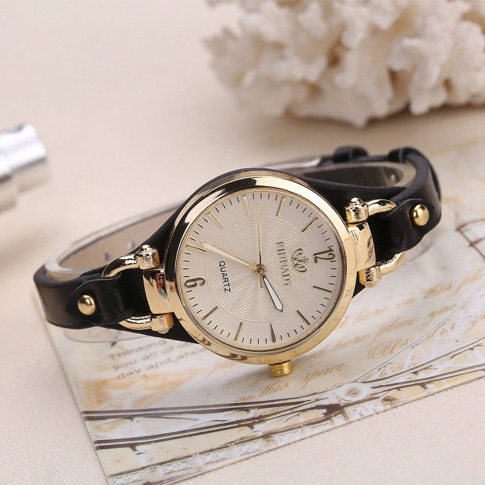 Women's Stylish Wristwatch with Thin Leather Band - Dazpy