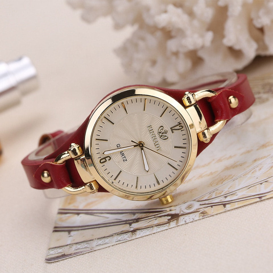 Women's Stylish Wristwatch with Thin Leather Band - Dazpy