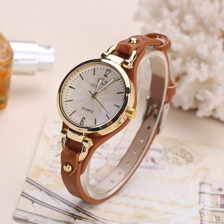 Women's Stylish Wristwatch with Thin Leather Band - Dazpy