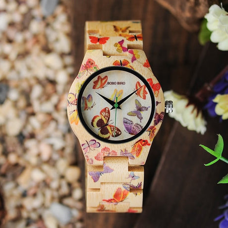 Butterfly Printed Bamboo Wood Women's Watches - Dazpy