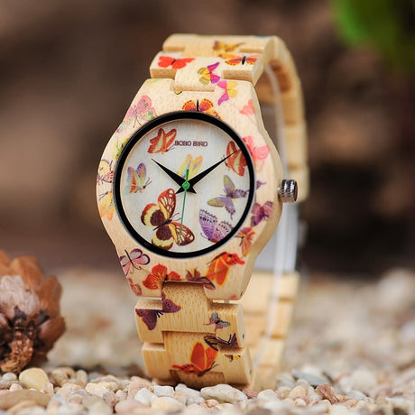 Butterfly Printed Bamboo Wood Women's Watches - Dazpy