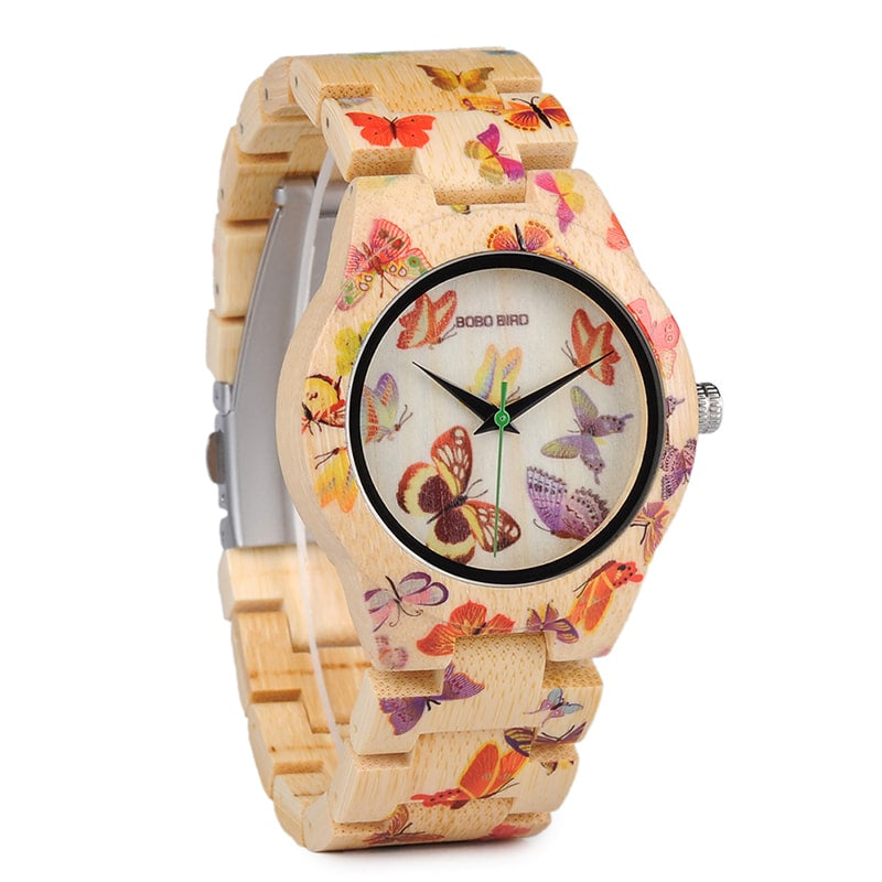 Butterfly Printed Bamboo Wood Women's Watches - Dazpy