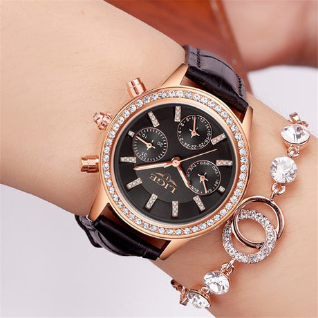 Casual  Women's Wristwatches with Rhinestone Decor and Leather Strap - Dazpy