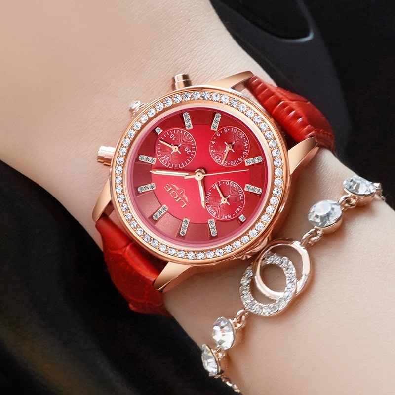 Casual  Women's Wristwatches with Rhinestone Decor and Leather Strap - Dazpy