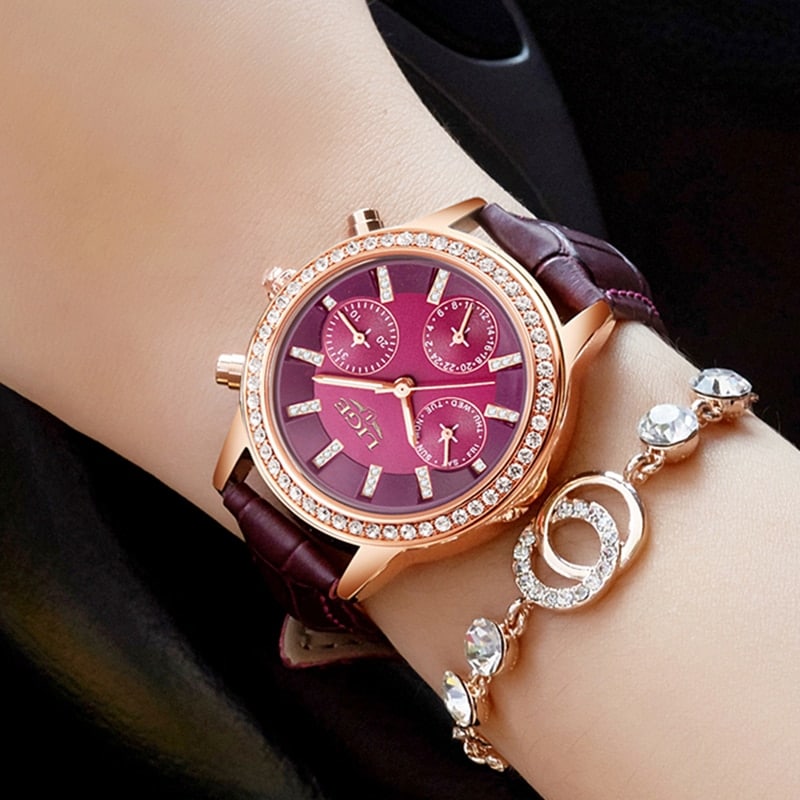 Casual  Women's Wristwatches with Rhinestone Decor and Leather Strap - Dazpy