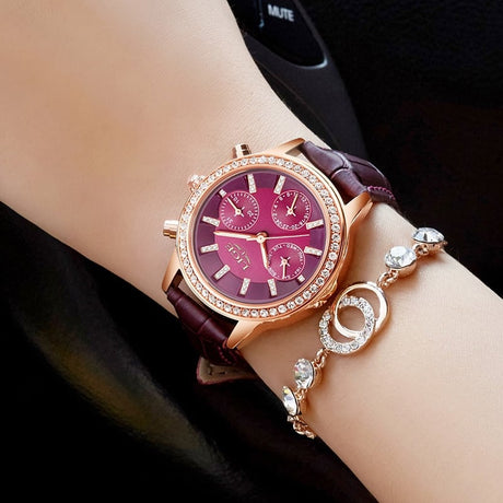 Casual  Women's Wristwatches with Rhinestone Decor and Leather Strap - Dazpy