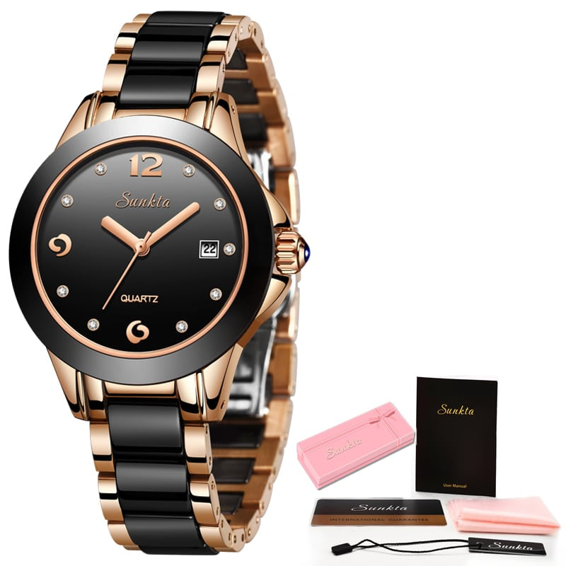 Women's Diamond Decorated Round Watch with Ceramic Band - Dazpy