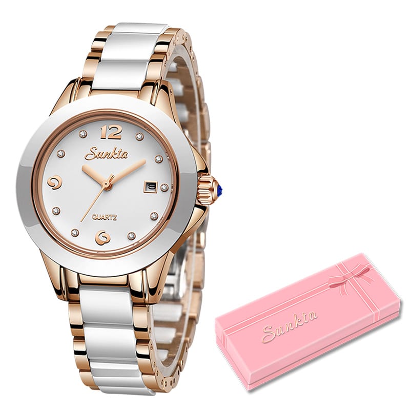 Women's Diamond Decorated Round Watch with Ceramic Band - Dazpy