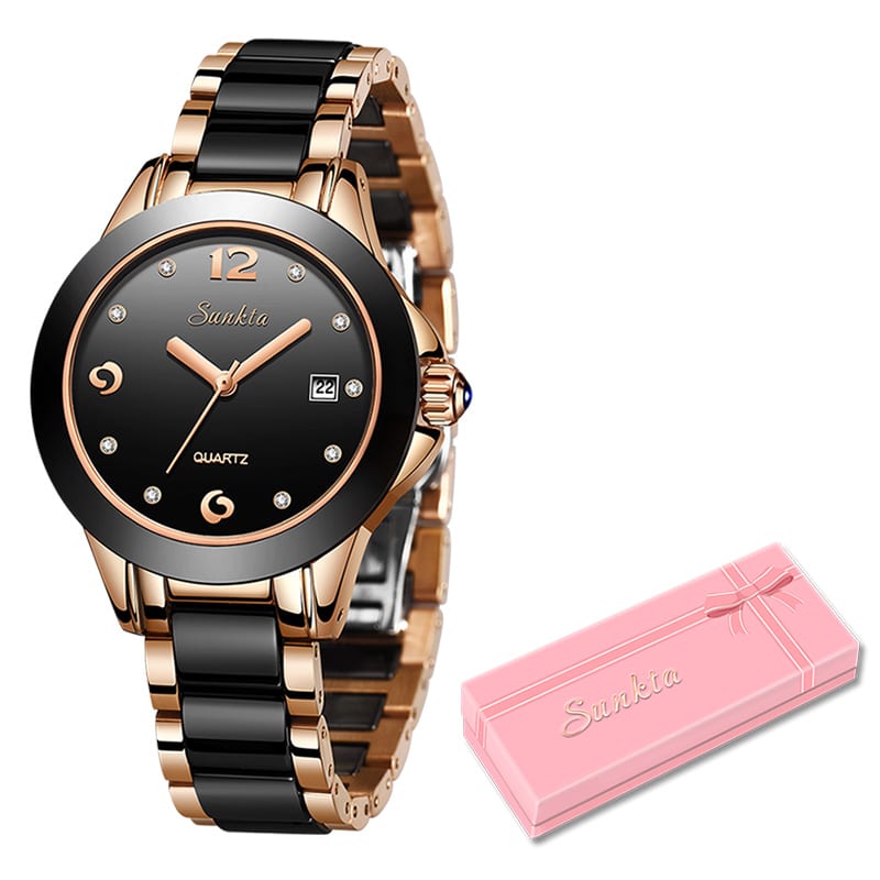 Women's Diamond Decorated Round Watch with Ceramic Band - Dazpy