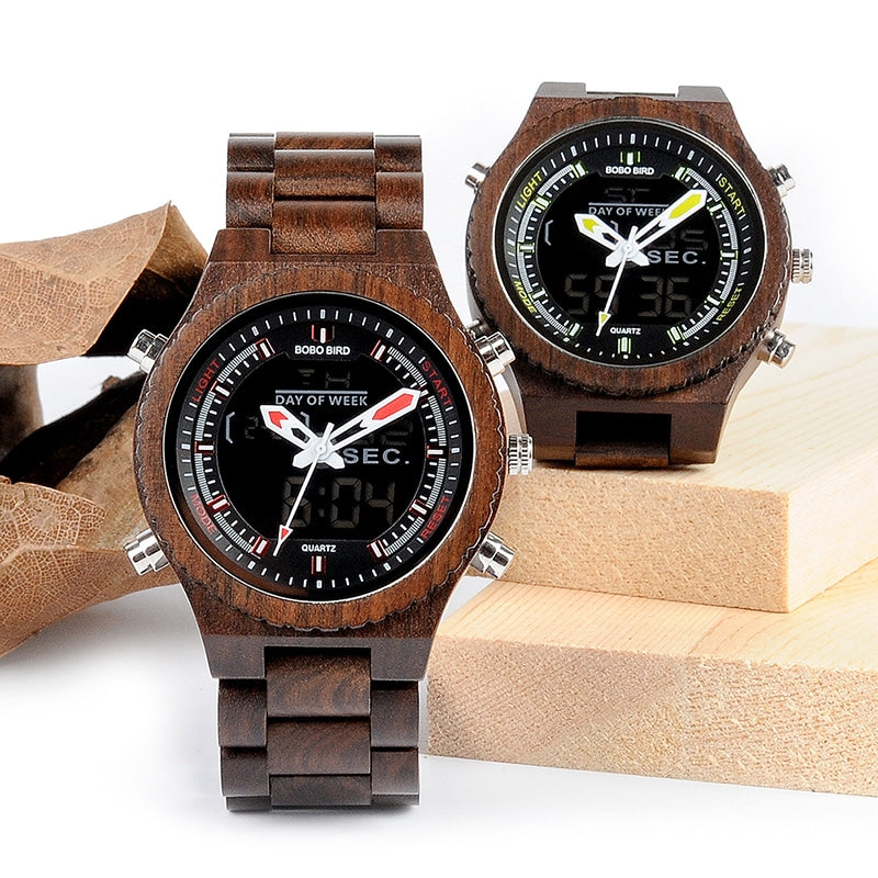 Men's Wood Digital Night Vision Wristwatch - Dazpy