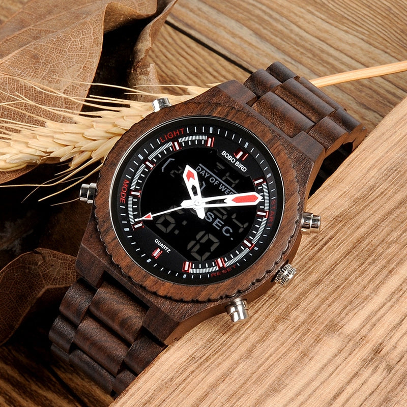 Men's Wood Digital Night Vision Wristwatch - Dazpy