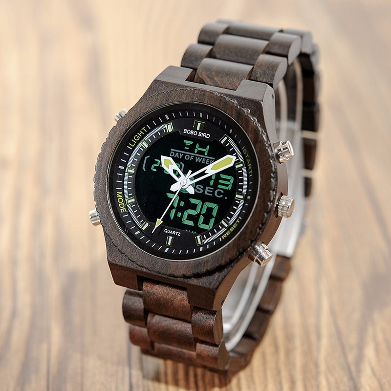 Men's Wood Digital Night Vision Wristwatch - Dazpy