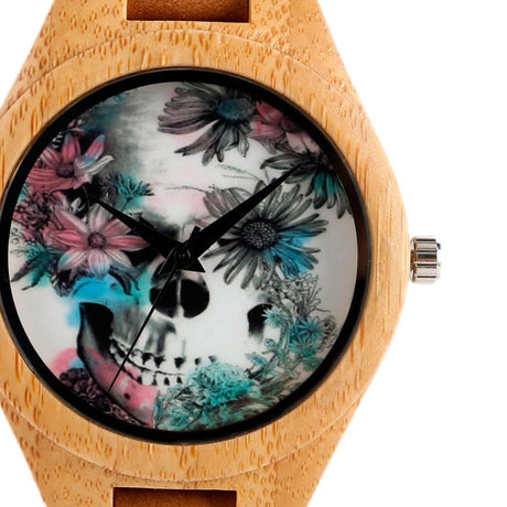 Flower Skull Printed Bamboo Wood Women's Watches - Dazpy