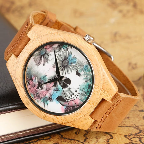 Flower Skull Printed Bamboo Wood Women's Watches - Dazpy