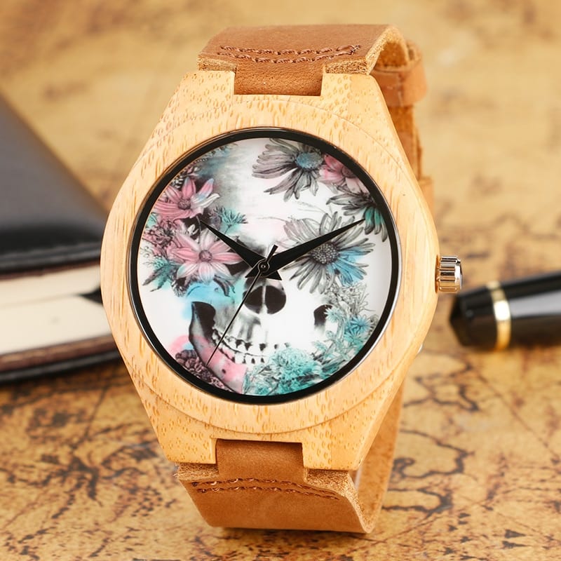 Flower Skull Printed Bamboo Wood Women's Watches - Dazpy