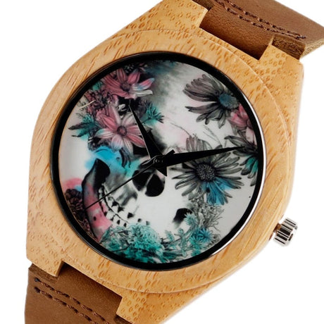 Flower Skull Printed Bamboo Wood Women's Watches - Dazpy