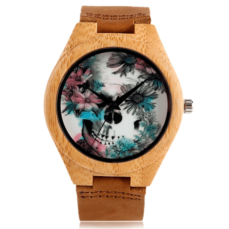 Flower Skull Printed Bamboo Wood Women's Watches - Dazpy