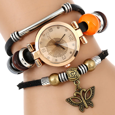 Ethnic Leather Strap Quartz Watches With Butterfly Pendants - Dazpy