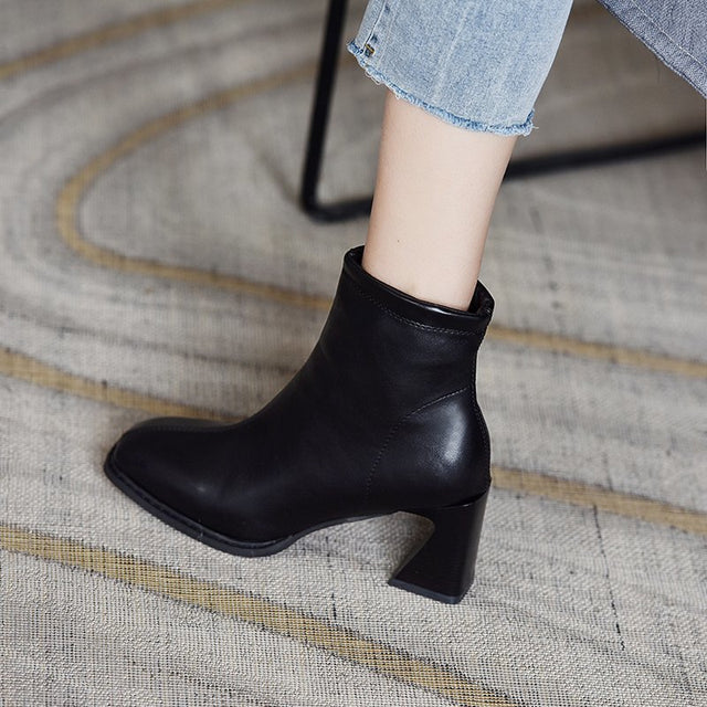 Chunky Heel Color Fashion Boots Side Zipper Low Tube High Heel Square Toe Martin Boots Fashion Ankle Boots - Dazpy