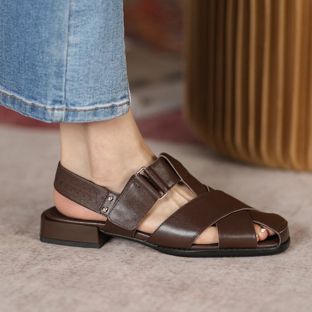 Low-heel Retro Velcro Sandals Thick-heeled Baotou Back Strap Women's Shoes - Dazpy