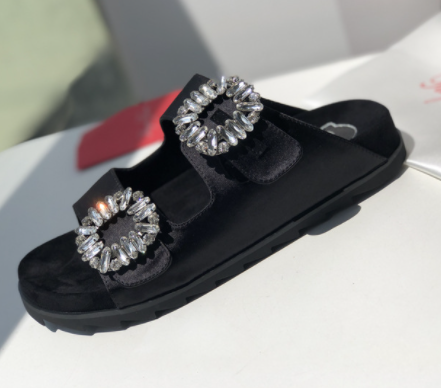 RV Rhinestone Square Buckle Leather Slippers Outer Wear Women's  Toe Double Ring Strap Flat Sandals - Dazpy