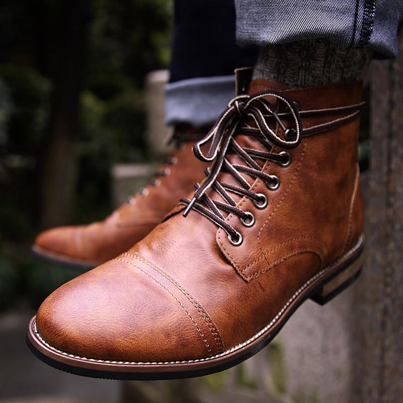 Men's Shoes With Front Lace Round Toe Motorcycle Boots - Dazpy