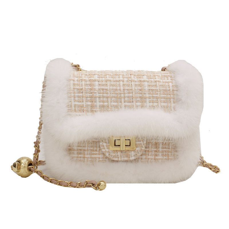 Checked Plush Side Small Gold Bead Metal Small Square Bag - Dazpy