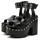 Block-heel Platform Patent Leather Rivet Fish Mouth Sandals