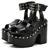 Block-heel Platform Patent Leather Rivet Fish Mouth Sandals - Dazpy