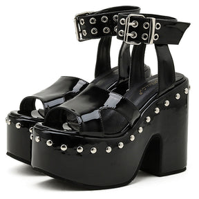 Block-heel Platform Patent Leather Rivet Fish Mouth Sandals