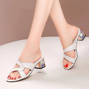 Mesh Mid-heel Sandals Women Waterproof Platform Fish Mouth Thick With Rhinestone Outer Wear