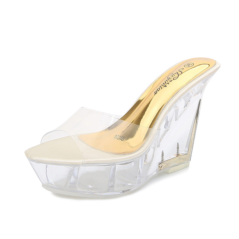 Women's Transparent Crystal Wedge Heel Shoes with Waterproof Platform - 15CM - Dazpy