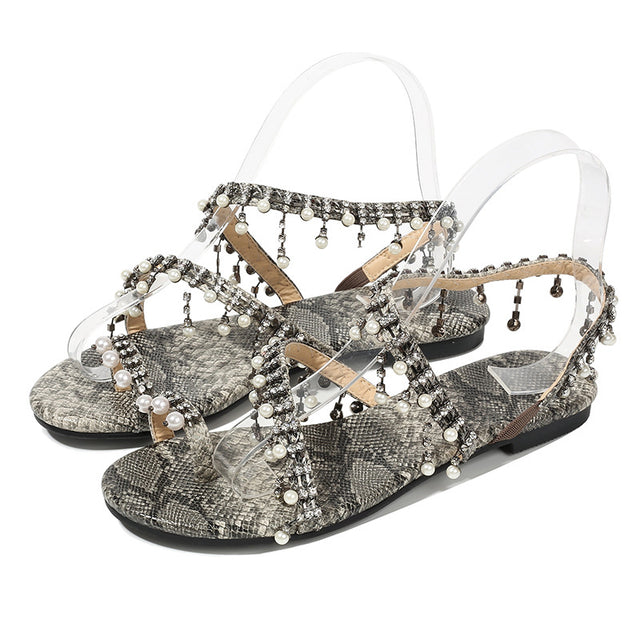 New Female Snake Print Flip Flops Pearl Sandals - Dazpy