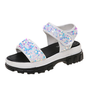 Daddy Sports Sandals Women's Sequined Sponge Cake Thick-soled Velcro Beach Sandals
