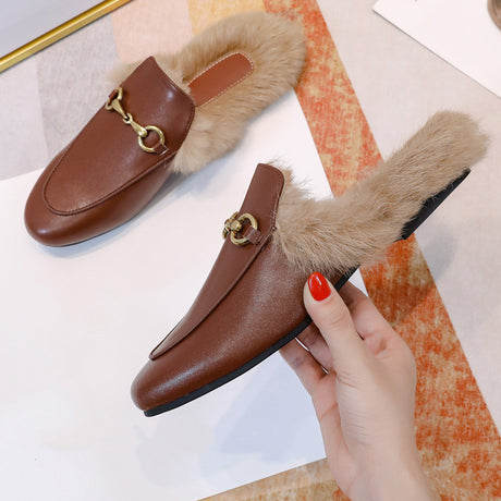 Flat-bottomed Rabbit Fur Baotou Half Slippers - Dazpy