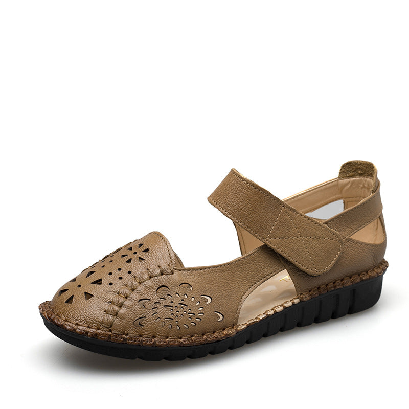 Leather Hole Shoes, Soft Bottom, Non-slip Flat Bottom, Middle-aged And Elderly Mother's Shoes, Baotou Sandals - Dazpy