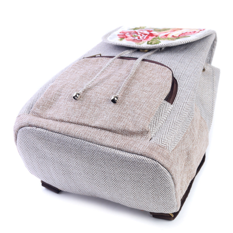 Women's Retro Flower Embroidery Cotton And Linen Backpack - Dazpy