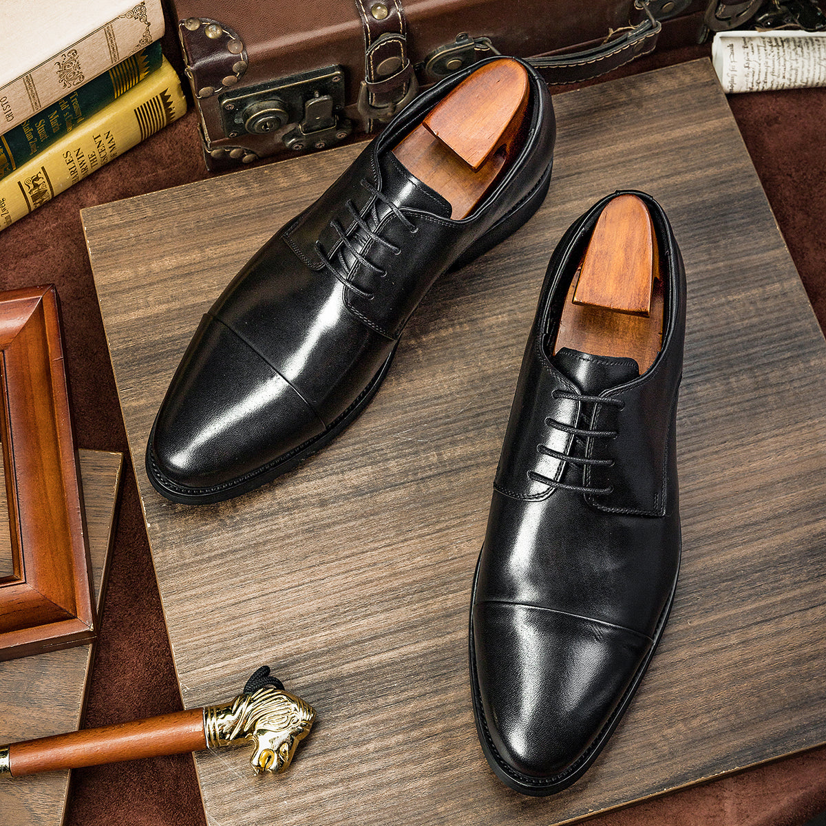 Three-joint Leather Shoes, Round Toe Lace-up Leather, British Business Dress Shoes - Dazpy