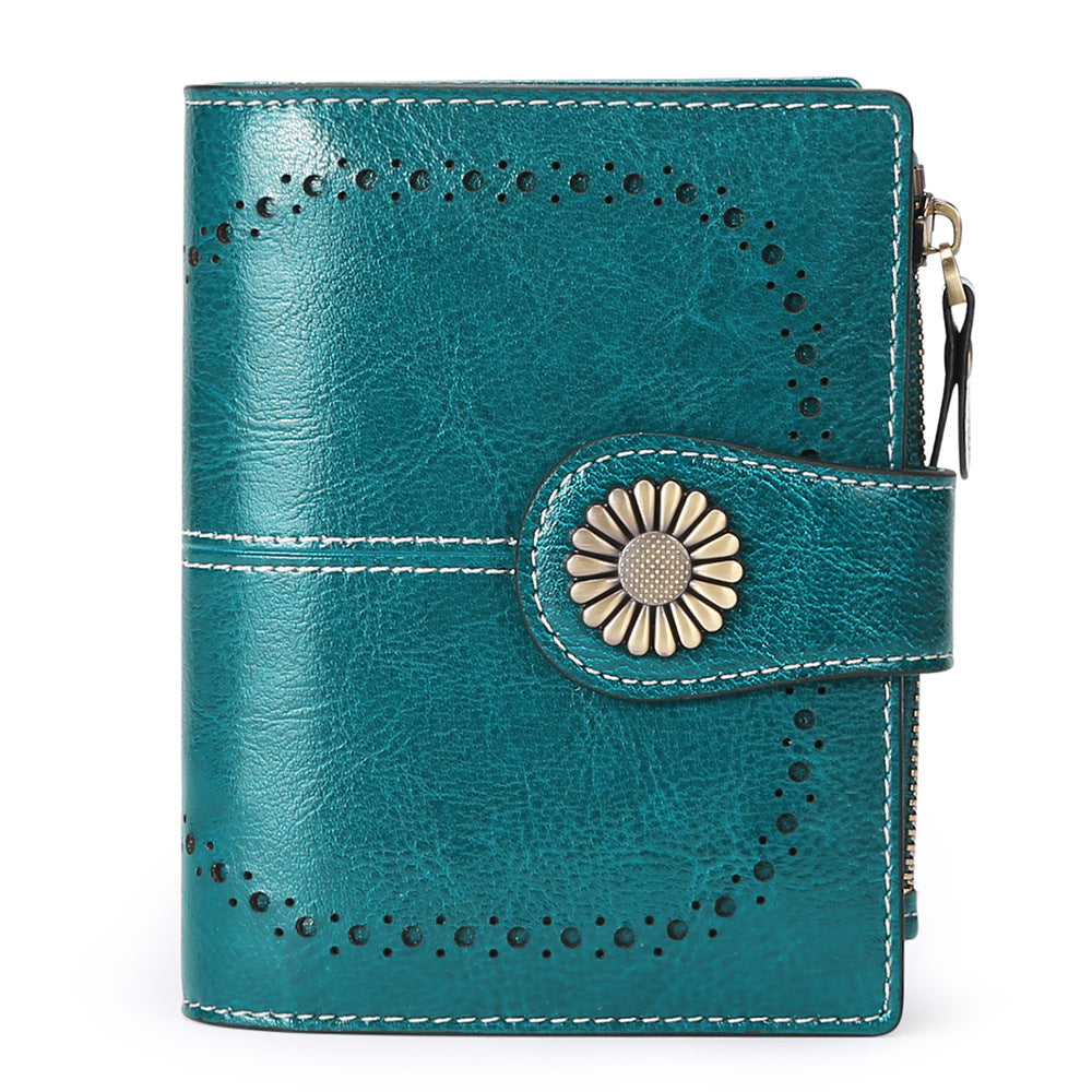 Wallet Women's Short Oil Wax Leather Zipper Card Holder - Dazpy