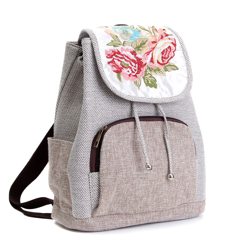 Women's Retro Flower Embroidery Cotton And Linen Backpack - Dazpy