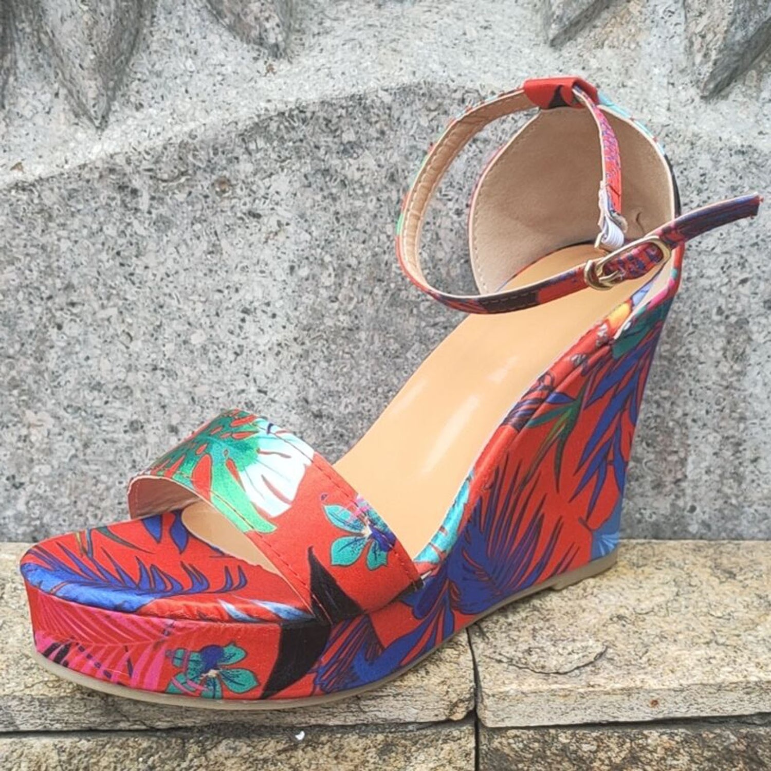 Color Matching Floral Cloth Fashion Sexy Running Platform Catwalk Slope Heel Sandals Large Size - Dazpy