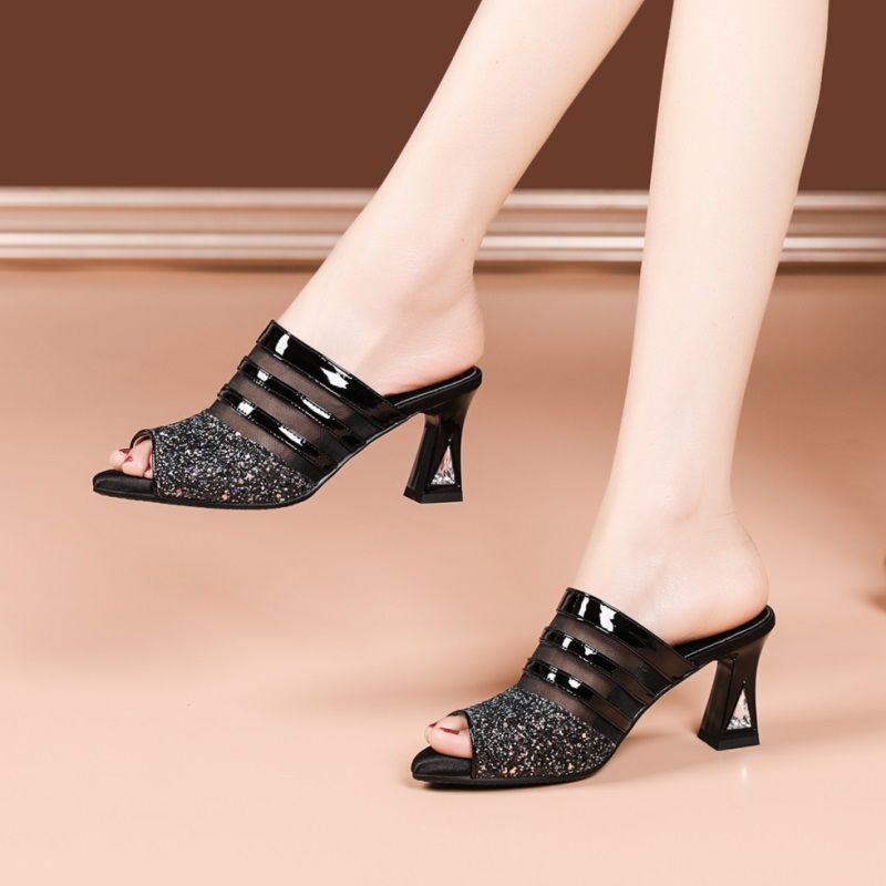 Mesh Mid-heel Sandals Women Waterproof Platform Fish Mouth Thick With Rhinestone Outer Wear - Dazpy