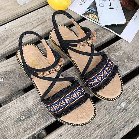 Flat Sandals, All-match One-word Buckle Strap, Fairy Ethnic Style Slope With Roman Sandals - Dazpy