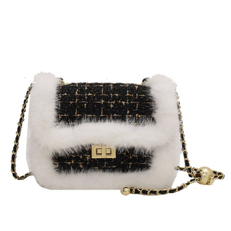 Checked Plush Side Small Gold Bead Metal Small Square Bag - Dazpy