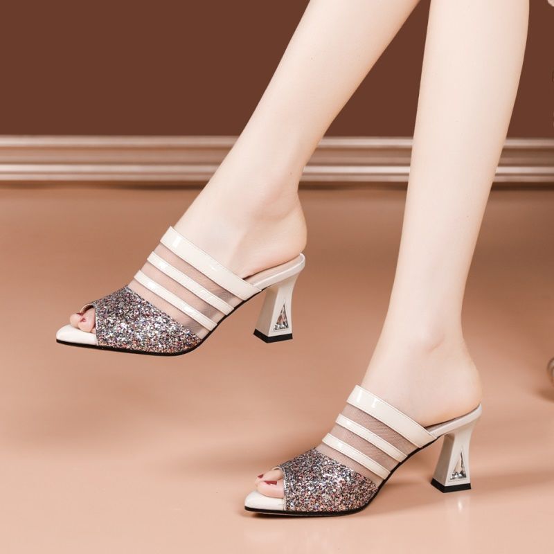 Mesh Mid-heel Sandals Women Waterproof Platform Fish Mouth Thick With Rhinestone Outer Wear - Dazpy