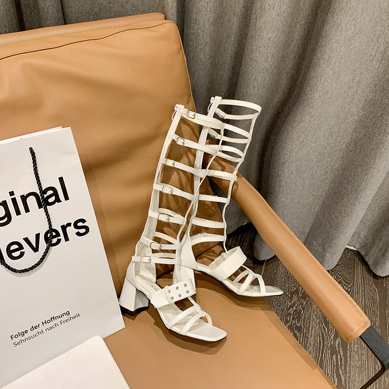 Square Root Thin Belt Belt Buckle High Tube Roman Sandals - Dazpy